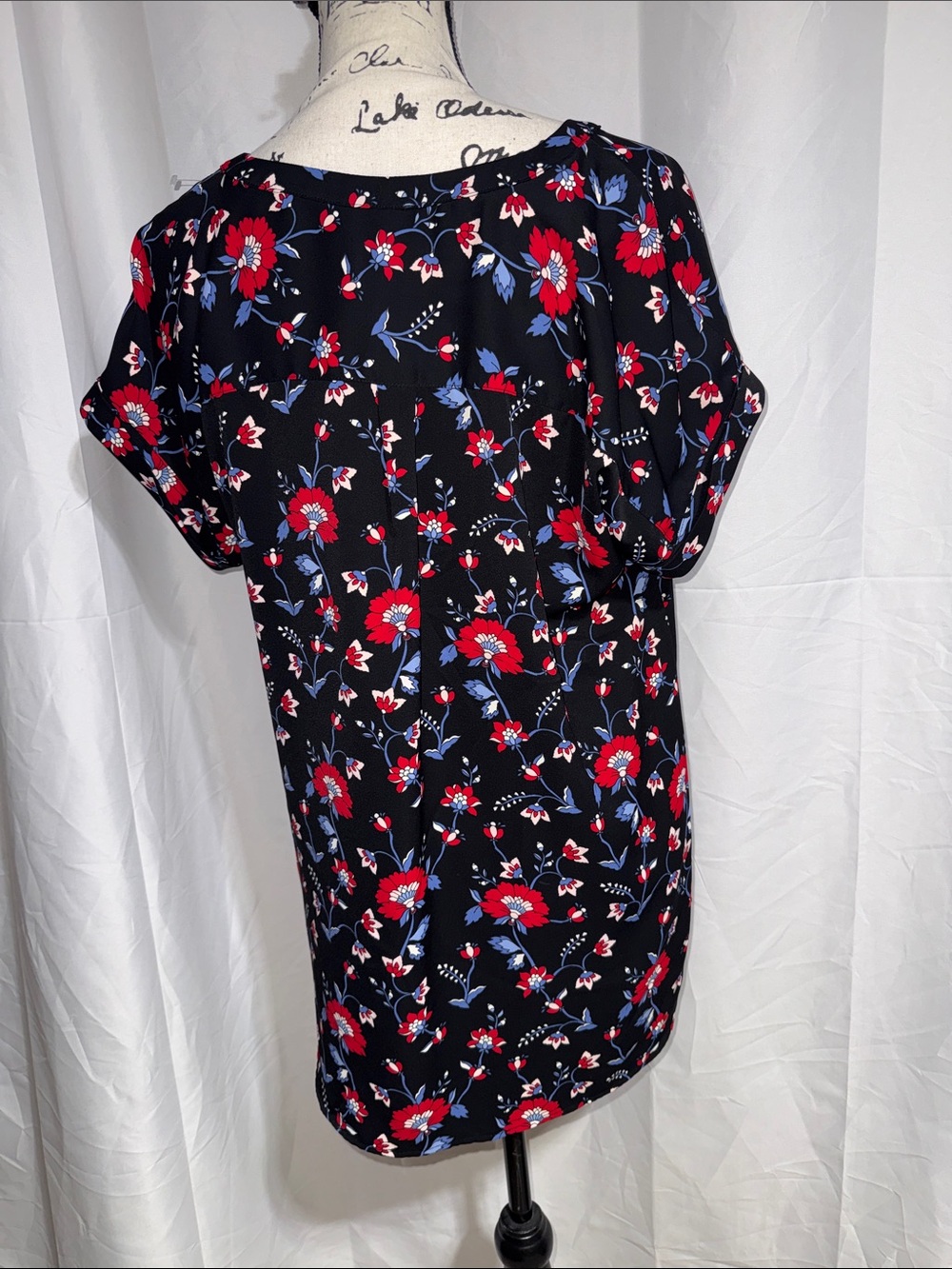Talbots Black Short-Sleeve Blouse with Red & Blue Floral Print